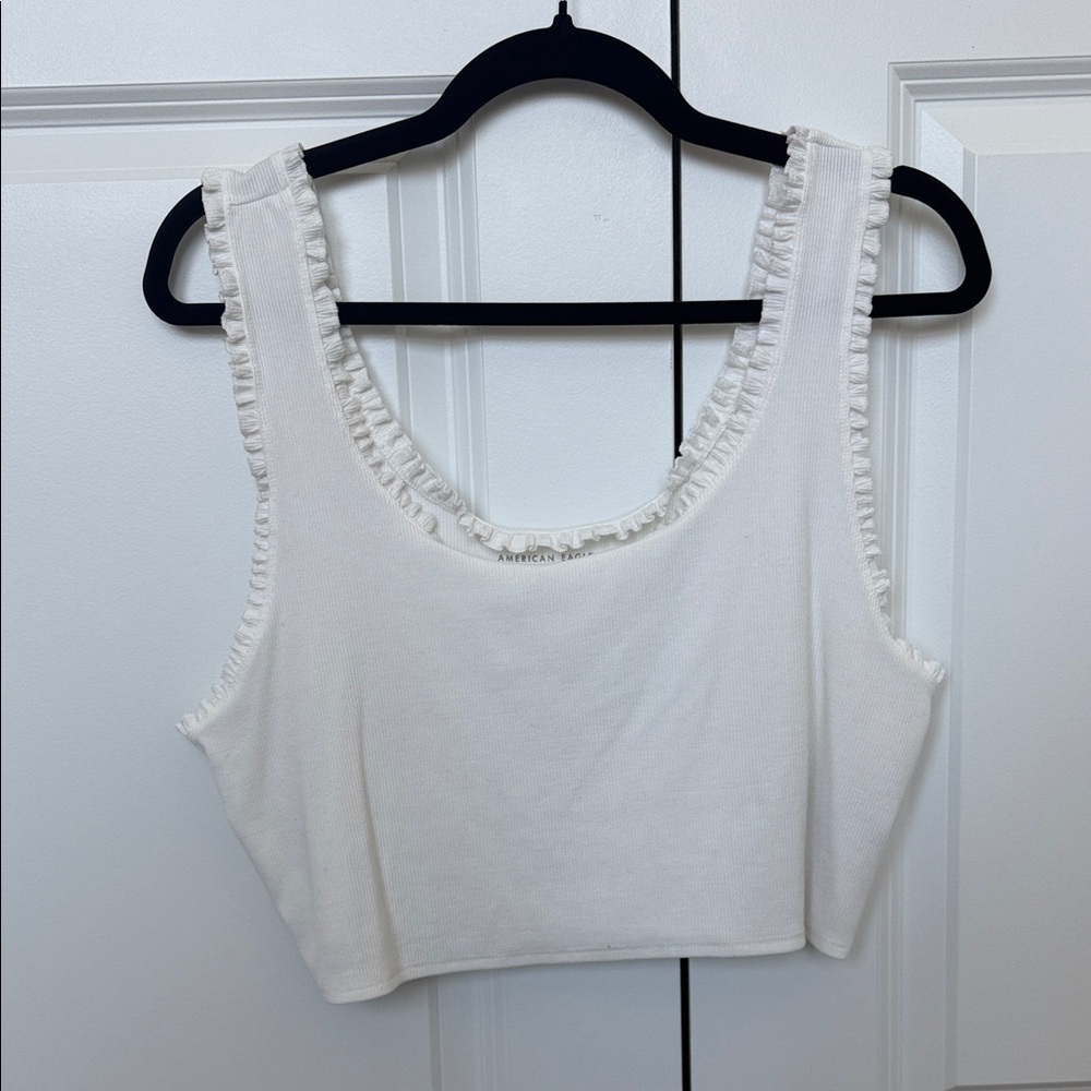 American Eagle Outfitters White Ruffle Trim Crop Top